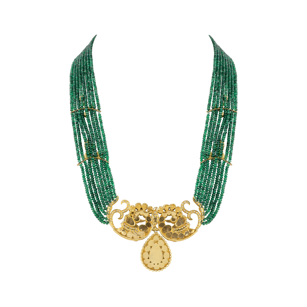 Layered Emerald Bead Necklace with Peacock Polki & Bud Motifs